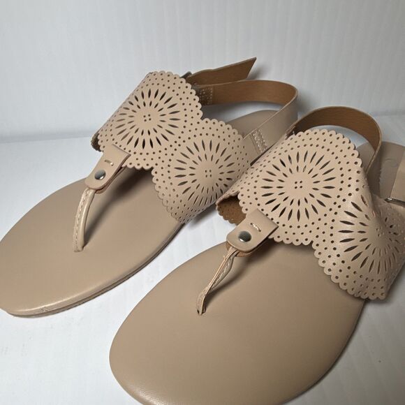 luffyroma Shoes - Beige Thong Flat Sandals Faux Leather Buckle Ankle Strap Women’s 9